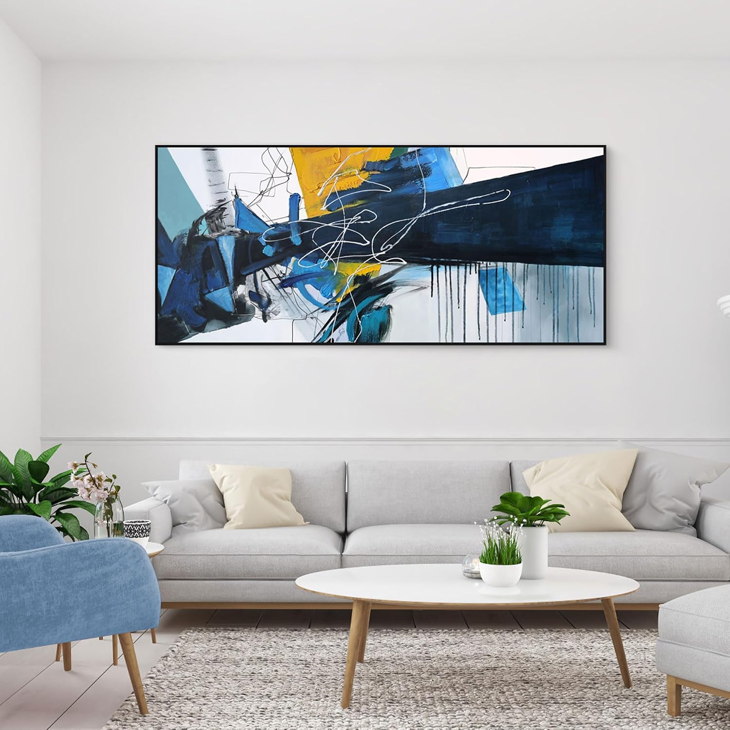 KLAKLA Wall Art for Living Room - Blue Abstract Canvas Pictures Framed Artwork for walls Extra Large Prints for Bedroom Above the Bed Decor 70x31 Inches