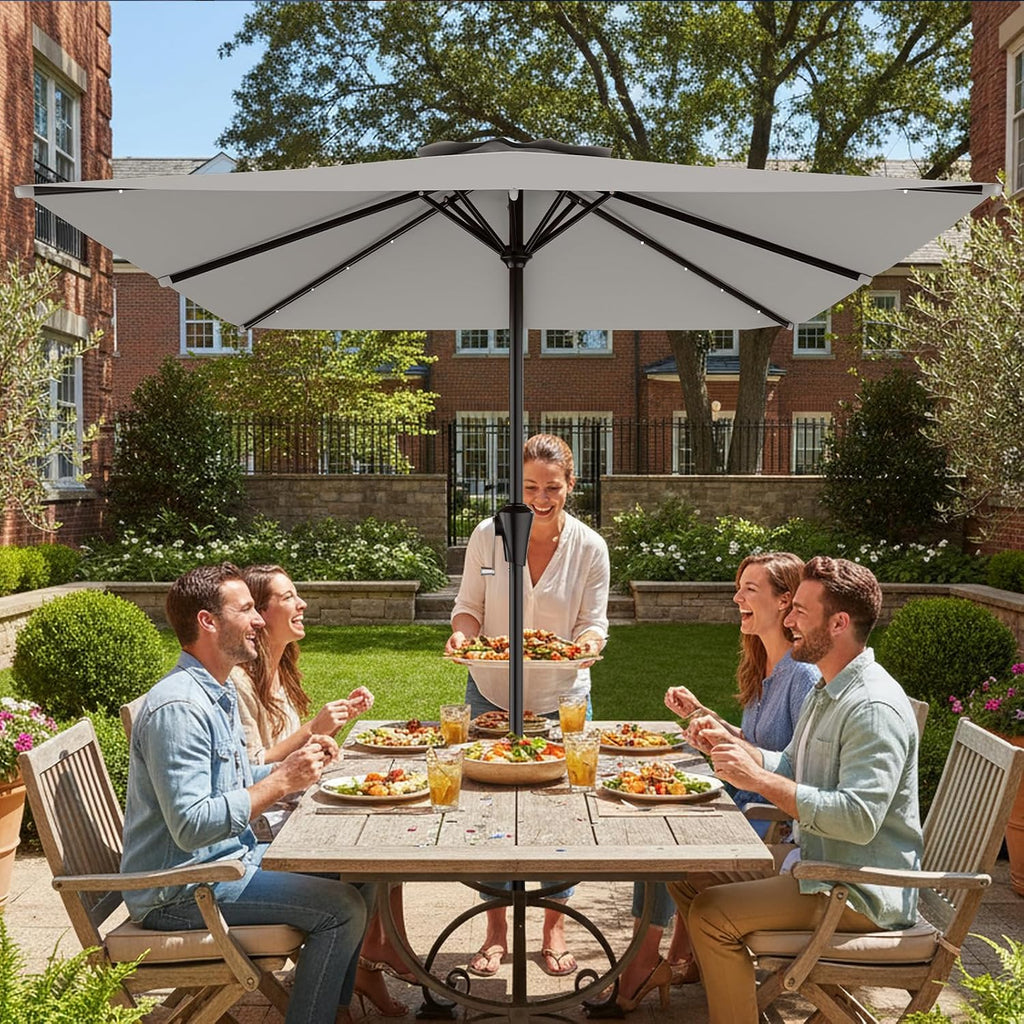 AreShark 8' X 10' Rectangular Patio Umbrella with Solar Lights, Lighted Solar Umbrella with Crank, Outdoor Table Umbrella for Garden, Deck, Backyard, Pool and Beach, Light Gray