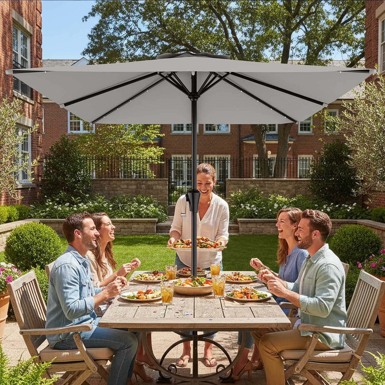 AreShark 8' X 10' Rectangular Patio Umbrella with Solar Lights, Lighted Solar Umbrella with Crank, Outdoor Table Umbrella for Garden, Deck, Backyard, Pool and Beach, Light Gray