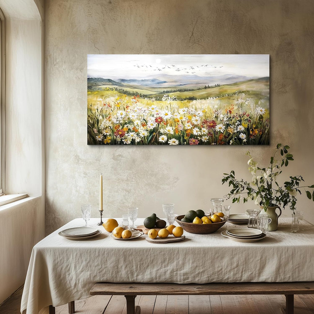 SERIMINO Nature Landscape Wall Art, Mountain Daisy Extra Large Artwork, Wildflower Meadow Rustic Home Decor Art Prints, French Country Aesthetic Paintings Wall Decor Living Room Dining Room 29X57 Inch