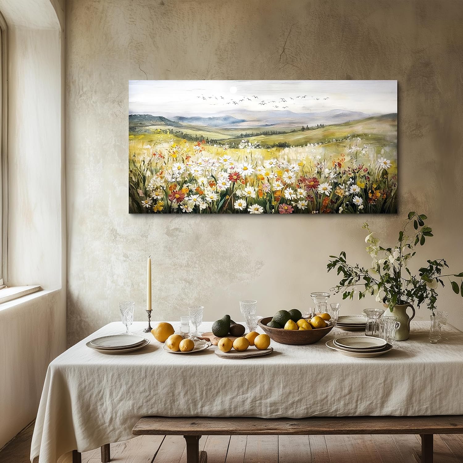 SERIMINO Nature Landscape Wall Art, Mountain Daisy Extra Large Artwork, Wildflower Meadow Rustic Home Decor Art Prints, French Country Aesthetic Paintings Wall Decor Living Room Dining Room 29X57 Inch