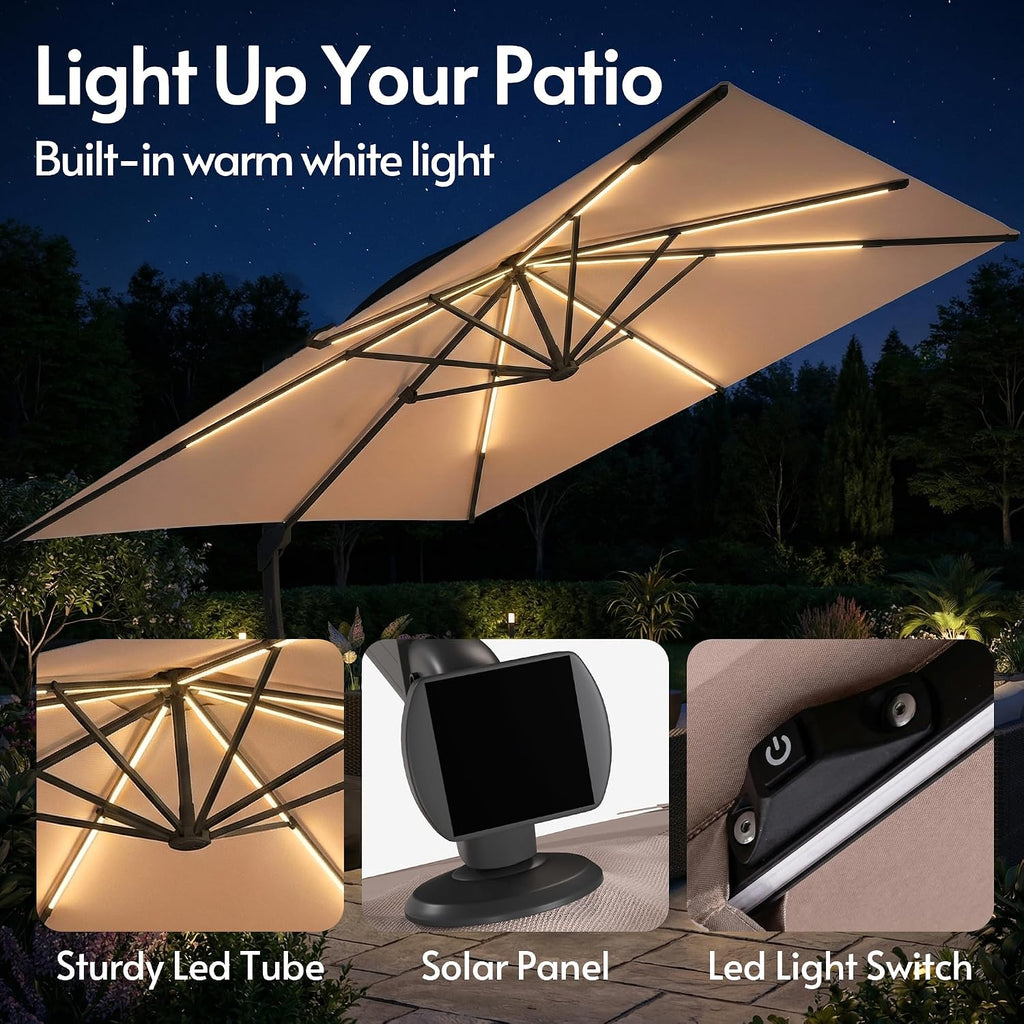 ENSTVER 11x11ft Large Cantilever Umbrella With Base Included & Solar Powered Led Lights, Deluxe Curvy All-Aluminum Rectangular Patio Umbrella For Deck, Pool And Backyard (Champagne)