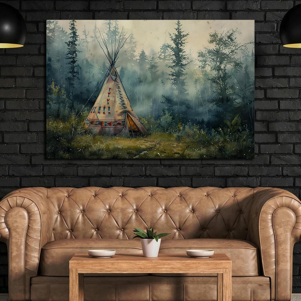 GUTTATY Native American Wall Decor for Bedroom - Native American Wolf Wall Art, Indian Tribal Camp Pictures Wall Art for Home Decor, Large Indian Art Canvas Print Framed 32x48''