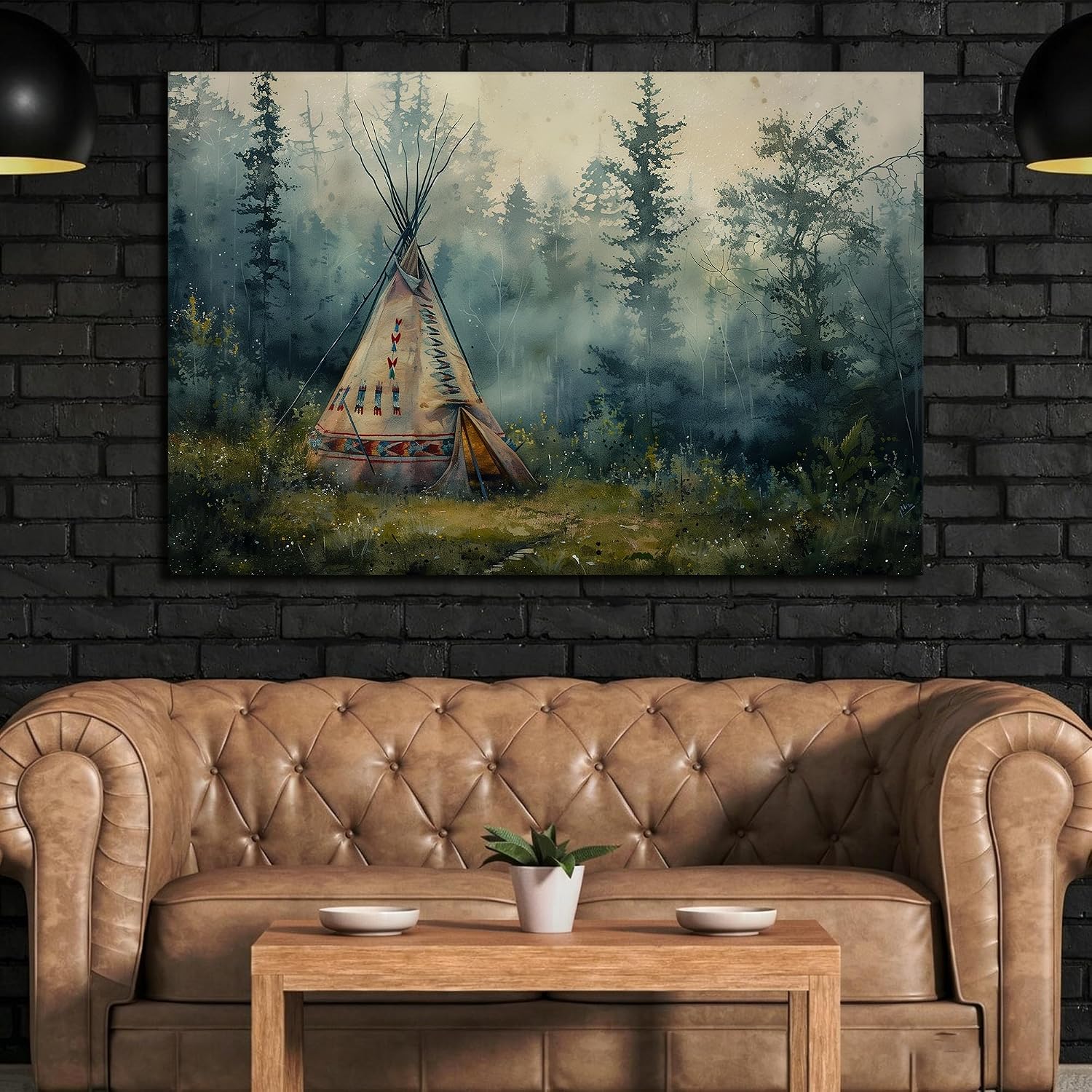 GUTTATY Native American Wall Decor for Bedroom - Native American Wolf Wall Art, Indian Tribal Camp Pictures Wall Art for Home Decor, Large Indian Art Canvas Print Framed 32x48''