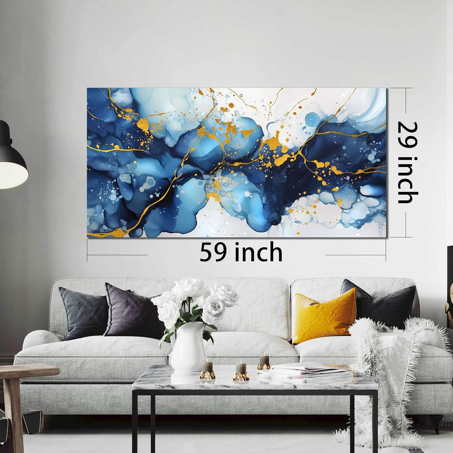 Abstract Canvas Wall Art for Office - Blue Pictures Wall Decor - Large Wall Painting for Living Room Ready to Hang Size 29' x 59'