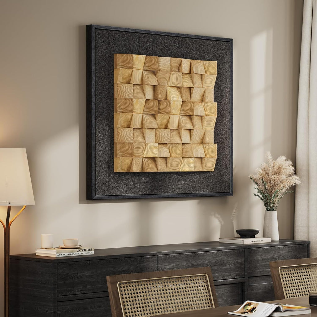 Framed 3D Textured Wood Wall Art, Modern Minimalist Nature Wood Geometric Artwork for Walls, Contemporary Rustic Black Sandstone Painting Wall Decor for Living Room, Bedroom, Kitchen, Office, 28x28