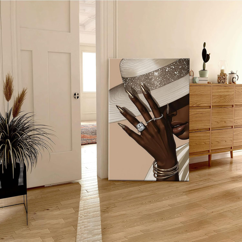 Fashion wall painting Black girl with white hat Canvas painting African poster is a good choice for room decoration Simple art 28x40in Wood Framed