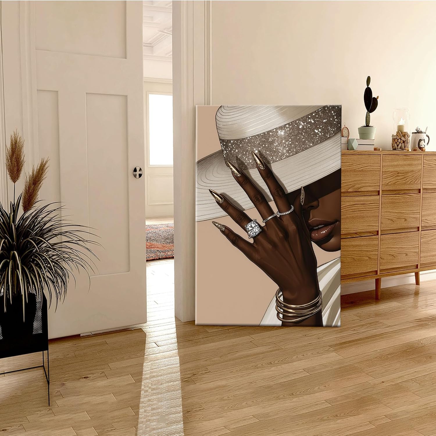 Fashion wall painting Black girl with white hat Canvas painting African poster is a good choice for room decoration Simple art 28x40in Wood Framed