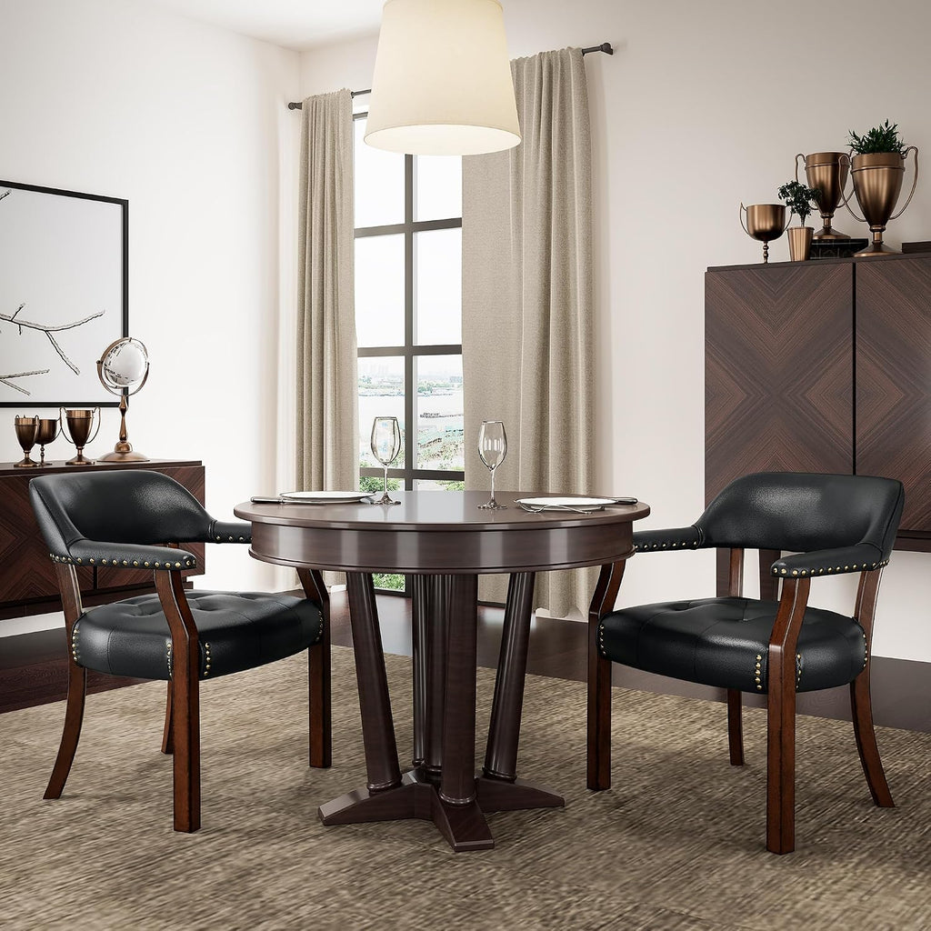 Set of 2 Solid Wood Dining Chairs with Upholstered,Office Desk Chair with Arms. Faux Leather Boss Captain's Chairs,Classic Accent Chairs for Living Room Cherry Walnut Legs & Black NX173D