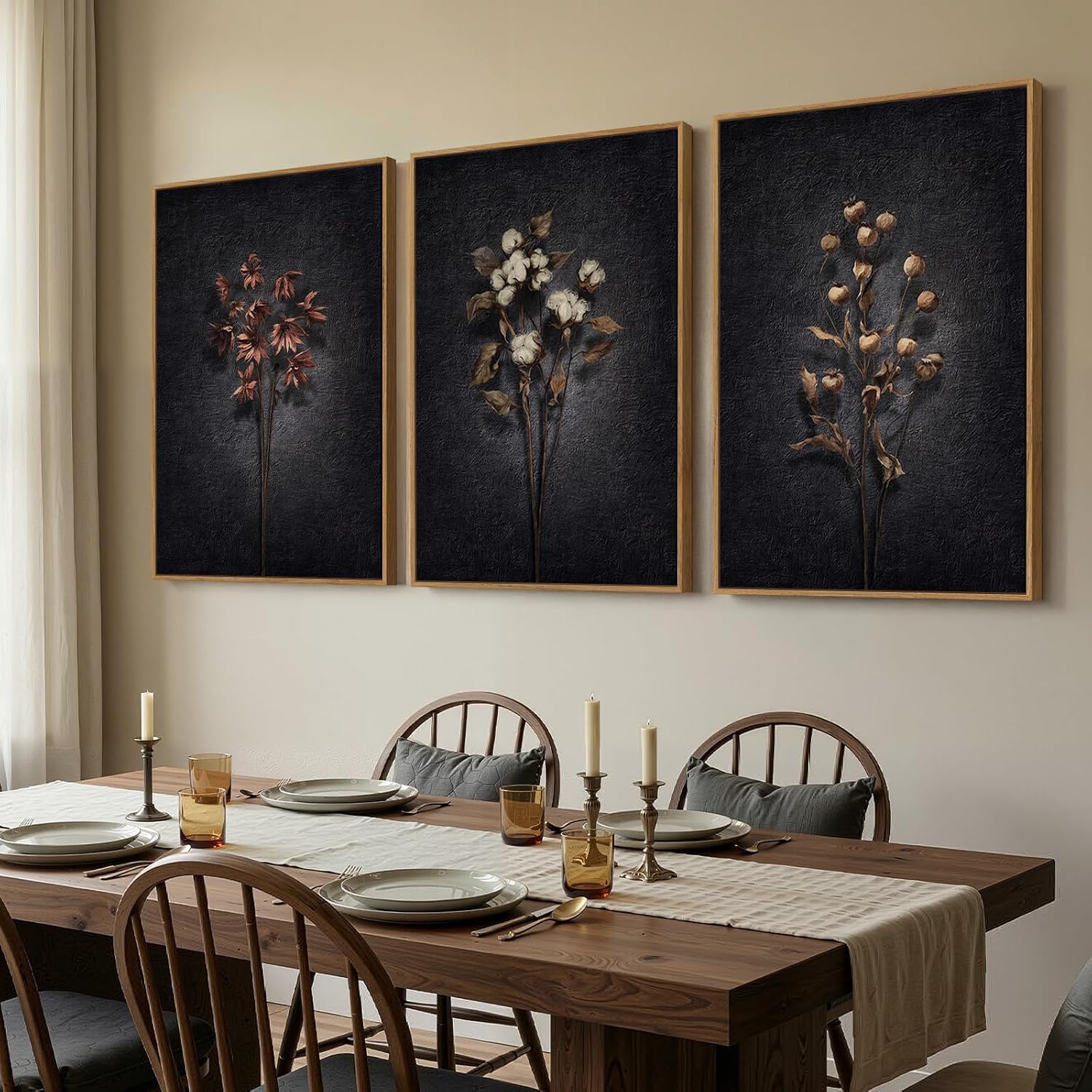 3 Piece Framed Vintage Botanical Wall Art for Living Room, Large Black Retro Floral Canvas Artwork for Walls, Dark Moody Flower Picture Prints Paintings for Kitchen Hallway Wall Decor, 24x36 Inch