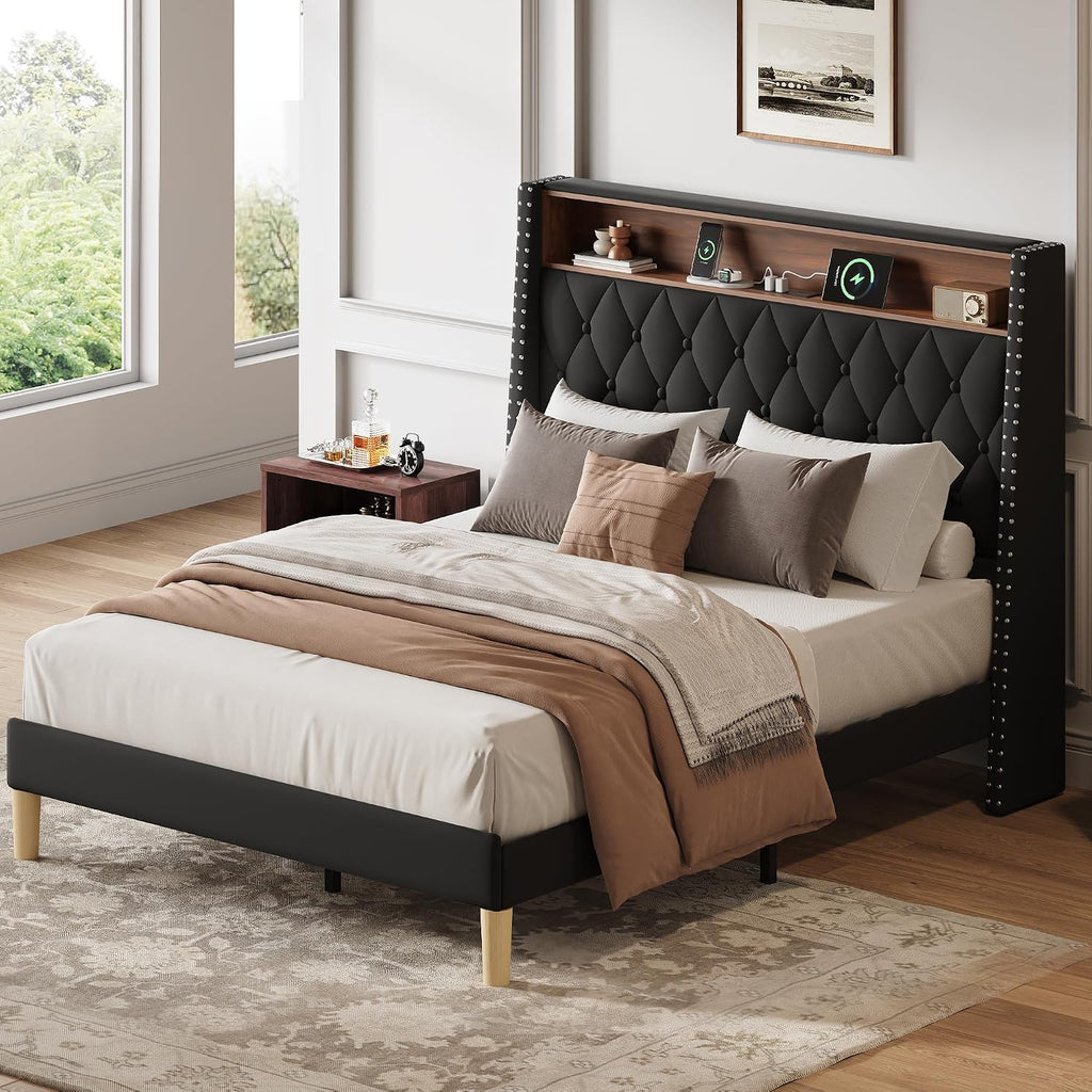 WLIVE Full Size Upholstered Bed Frame with 48'' Tall Wingback Headboard, Velvet Square Tufted Platform Beds with Charging Station, Sturdy Metal & Wooden Slats Support, Black