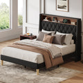 WLIVE Full Size Upholstered Bed Frame with 48'' Tall Wingback Headboard, Velvet Square Tufted Platform Beds with Charging Station, Sturdy Metal & Wooden Slats Support, Black