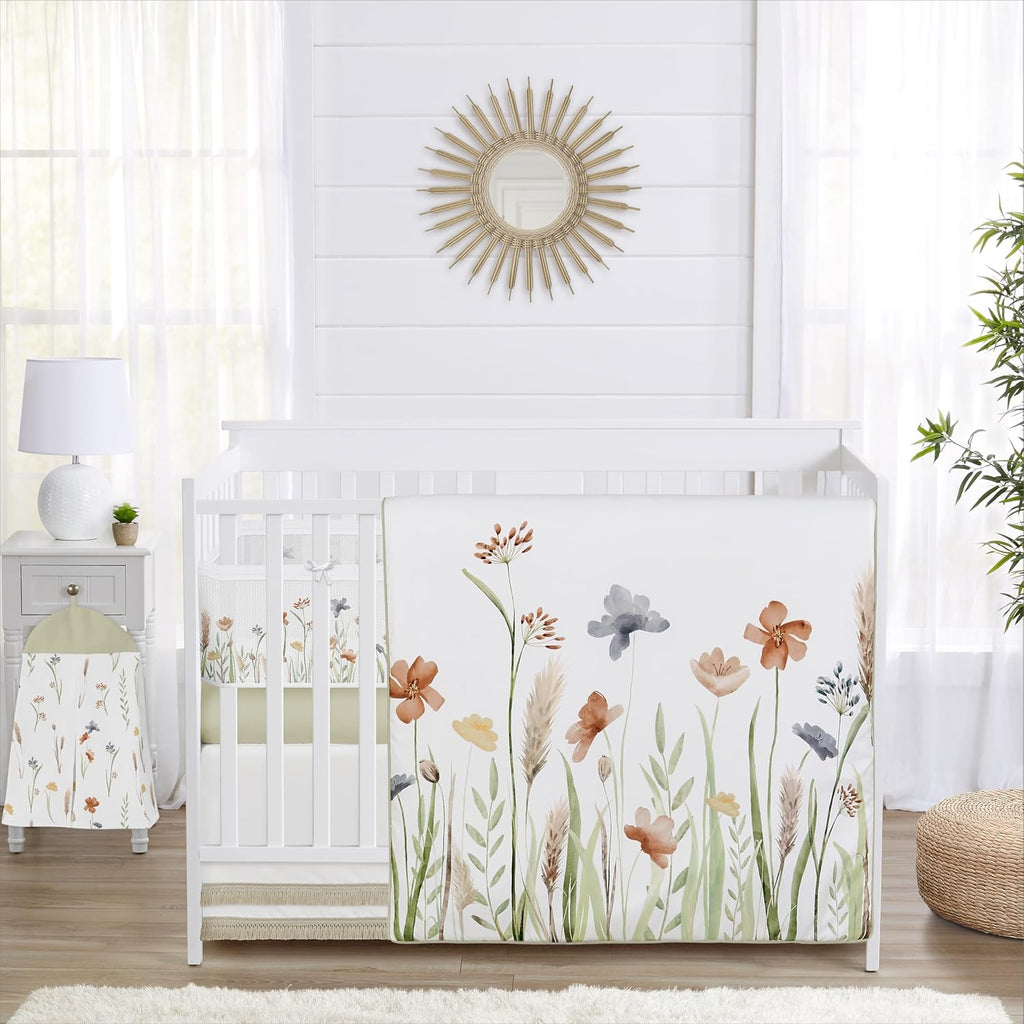Sweet Jojo Designs Boho Floral Garden Flower Girl Baby Crib Bedding Set Infant Nursery Room BreathableBaby Breathable Mesh Crib Liner Blanket Fitted Sheet Skirt 6p Green Watercolor Bohemian Farmhouse