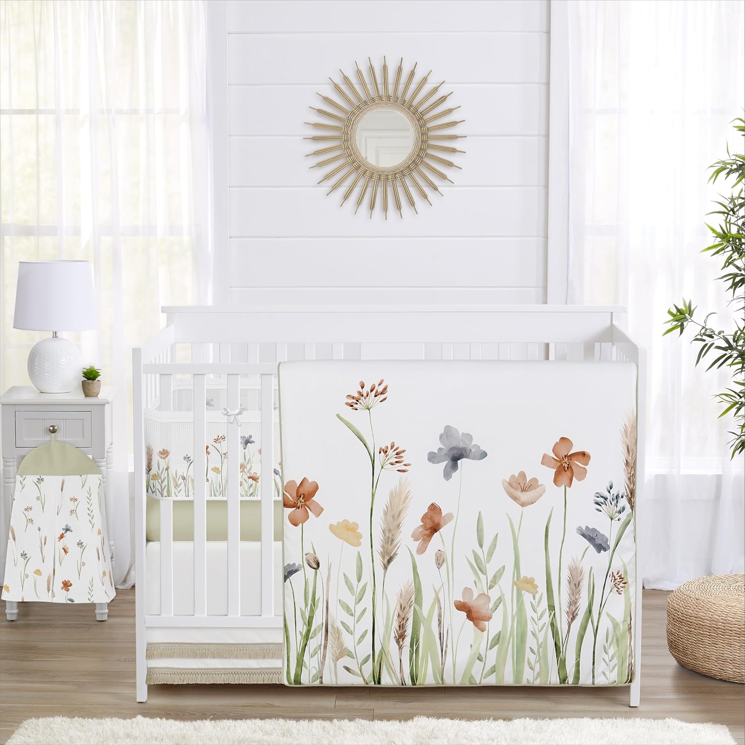 Sweet Jojo Designs Boho Floral Garden Flower Girl Baby Crib Bedding Set Infant Nursery Room BreathableBaby Breathable Mesh Crib Liner Blanket Fitted Sheet Skirt 6p Green Watercolor Bohemian Farmhouse