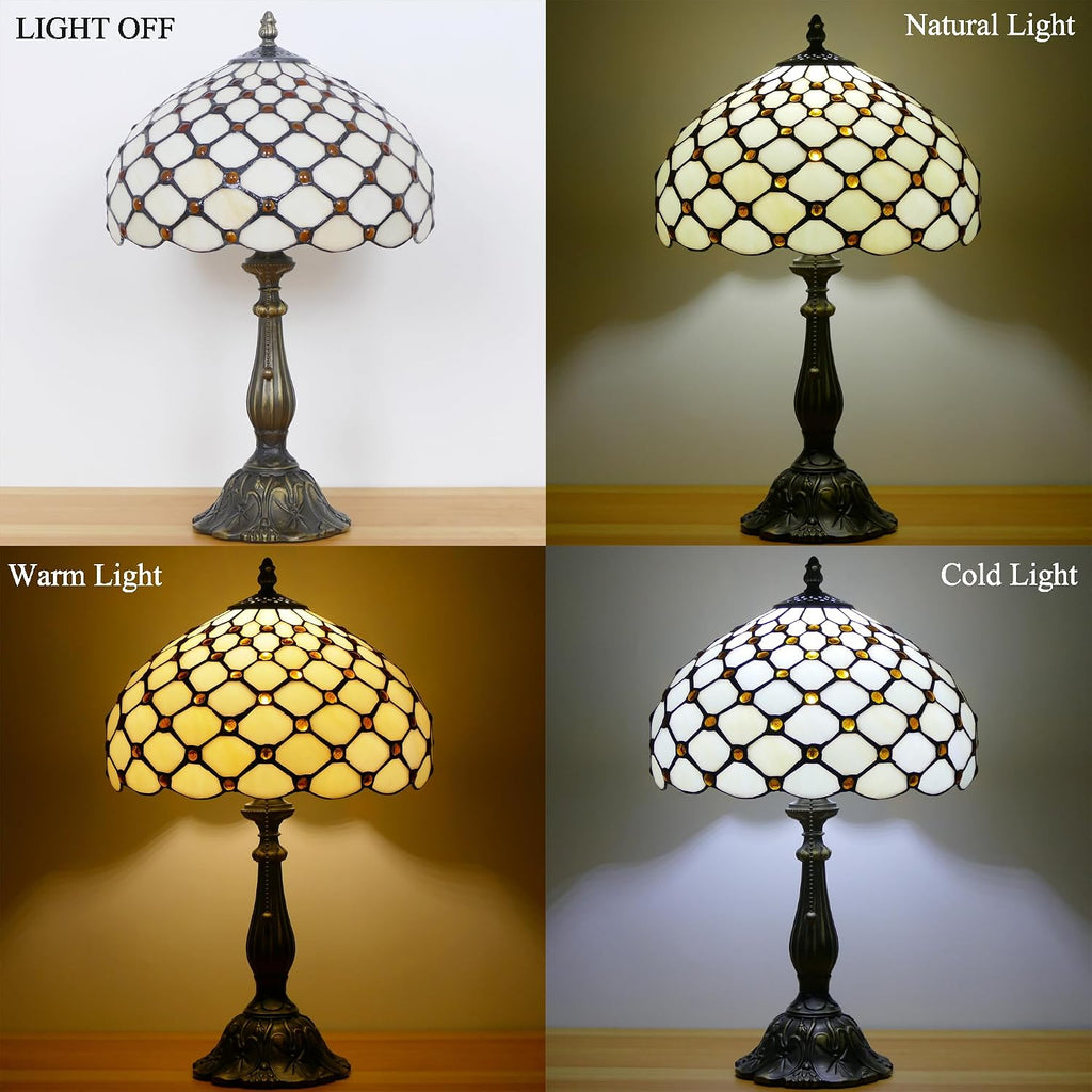 Tiffany Lamp Stained Glass Table Lamp Antique Bedside Reading Light W12H19 Inches (Cream Amber Pearl)