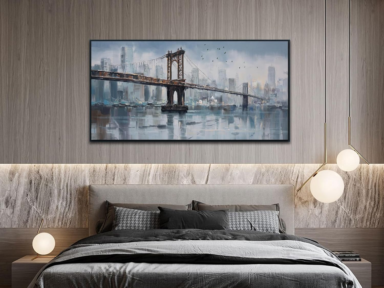 Enartly Framed NYC Brooklyn Bridge Wall Art for Lving Room, Large Skyline New York City Canvas Painting Modern Bridge Grey Picture for Bedroom Hallway Home Office Wall Decor, Black Framed 58'x29'