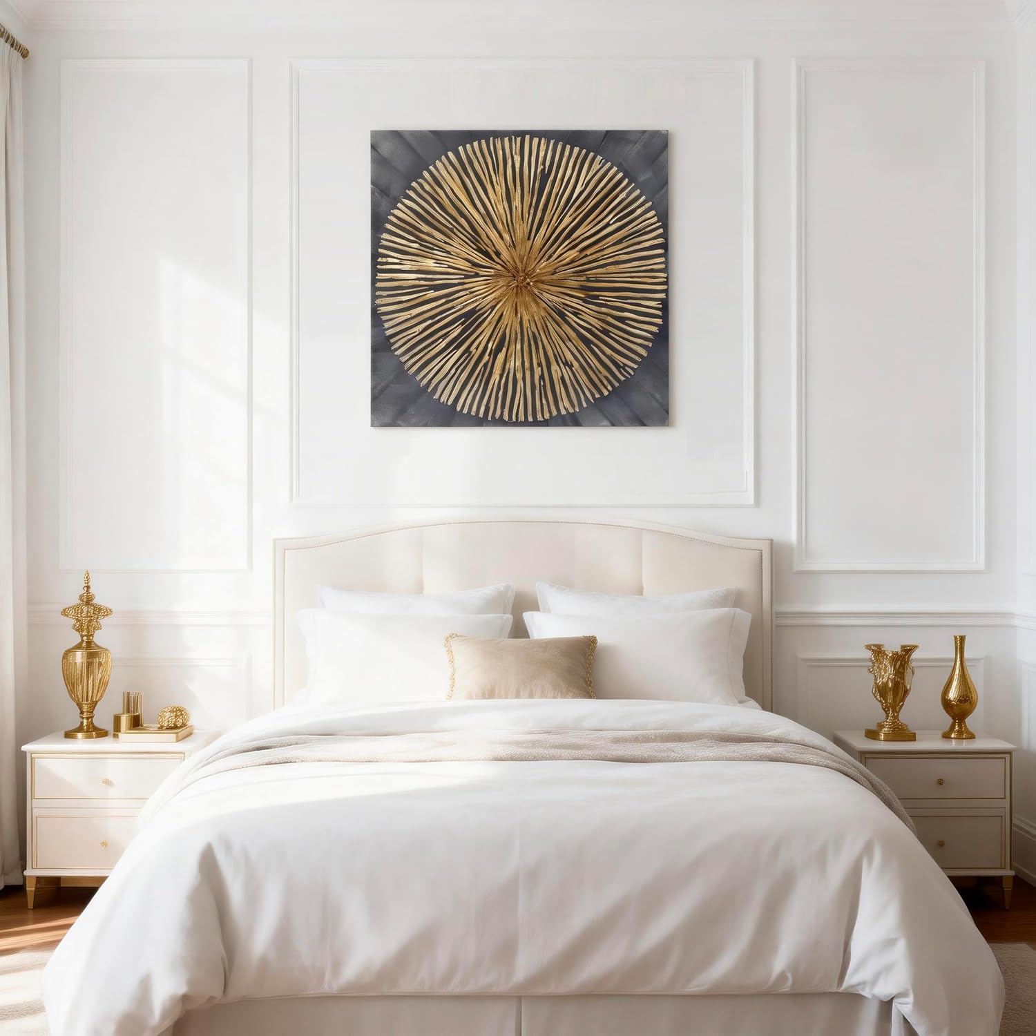 7Fisionart Large Abstract Sunburst Canvas Wall Art Gold Sunburst on Gray Background Textured Modern Canvas Prints Artwork for Bedroom Living Room Kitchen Home Office 40'x40'