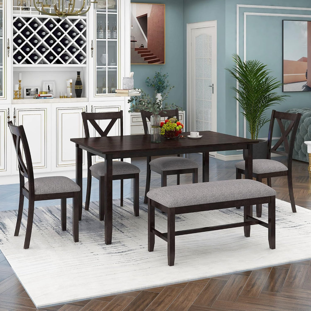 6-Piece Dining Room Table Set, Rustic Farmhouse Wood Dining Table Set with Rectangular Table 4 Upholstered Padded Chairs and 1 Padded Bench, Dining Set for Family of 4-6 People (Espresso)