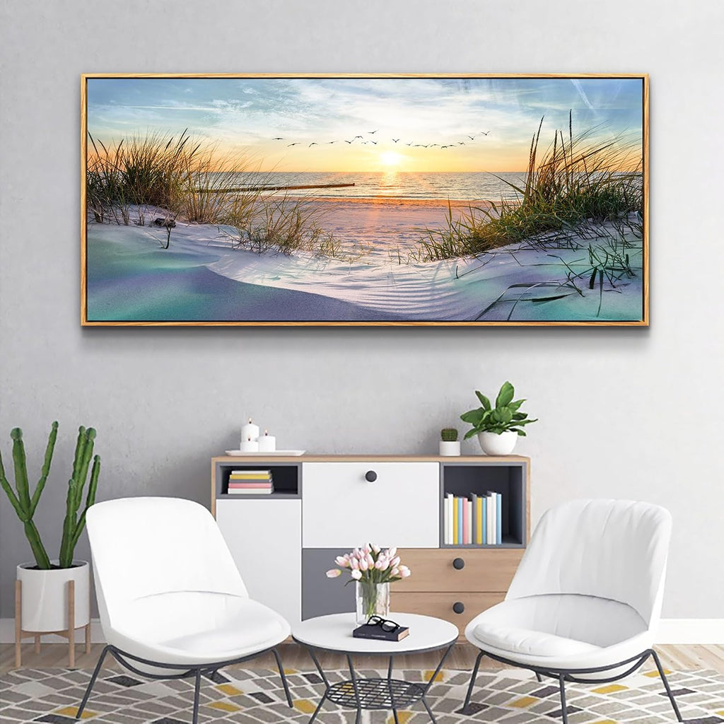 Wapluam Beach Wall Art For Living Room Coastal Canvas Prints Artwork Ocean Seascape Wall Paintings Nature Landscape Wall Decor Pictures for Bedroom Office Hotel Extra Large Framed Home Decor 32x72 In