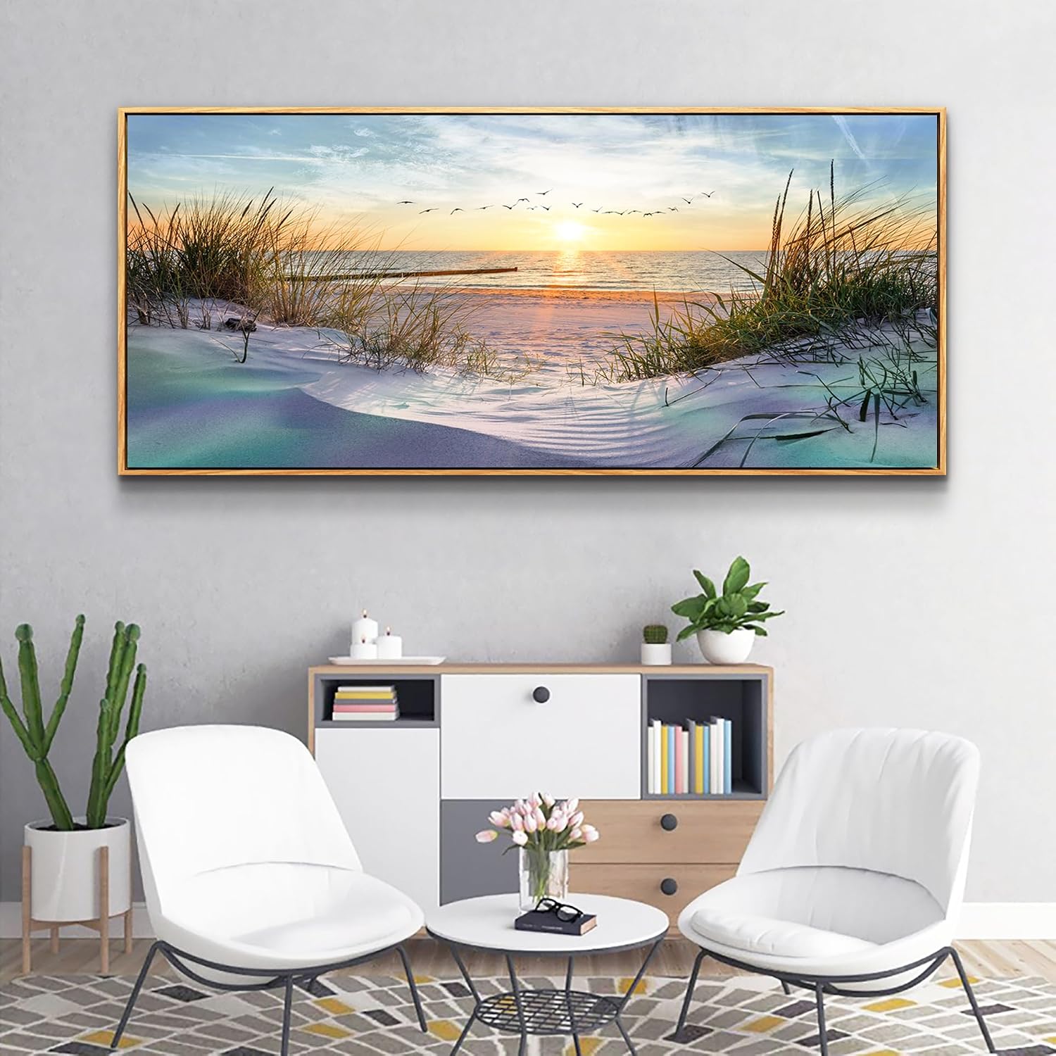 Wapluam Beach Wall Art For Living Room Coastal Canvas Prints Artwork Ocean Seascape Wall Paintings Nature Landscape Wall Decor Pictures for Bedroom Office Hotel Extra Large Framed Home Decor 32x72 In