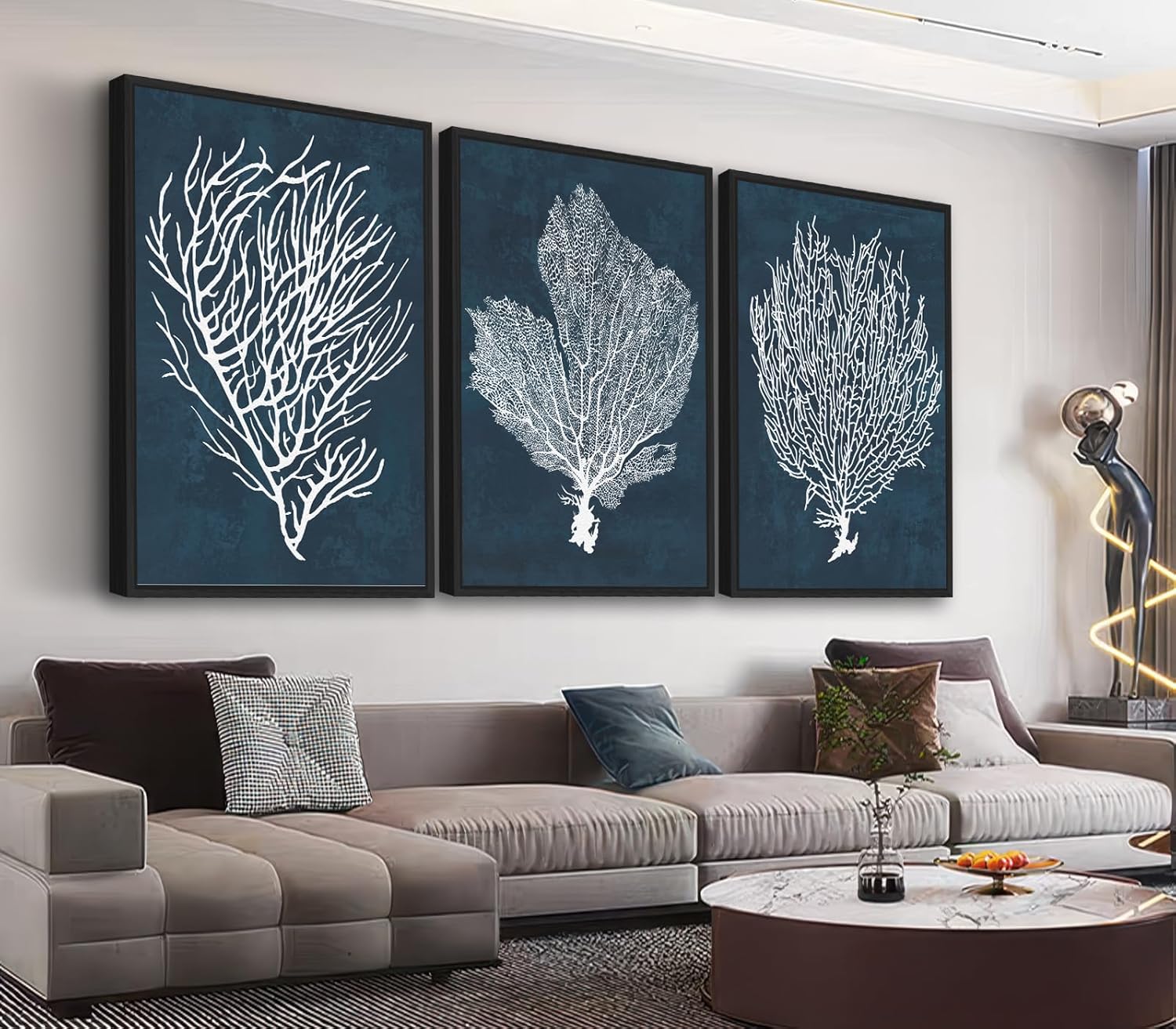 Large Framed Coral Wall Art - Navy Blue Coastal Wall Decor Painting 32'x48' Set of 3 Minimalist Beach Wall Art Prints Rustic Ocean Coral Canvas Pictures for Living Room Bedroom Office Artwork