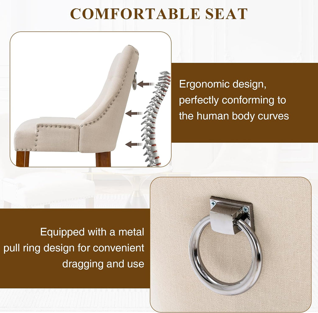adochr Dining Chairs Set of 4, Upholstered Fabric Dining Room Chairs with Nailhead High Back & Ring Pull & Wooden Legs, Mid-Century Modern Kitchen Chairs for Restaurant, Living Room, Beige
