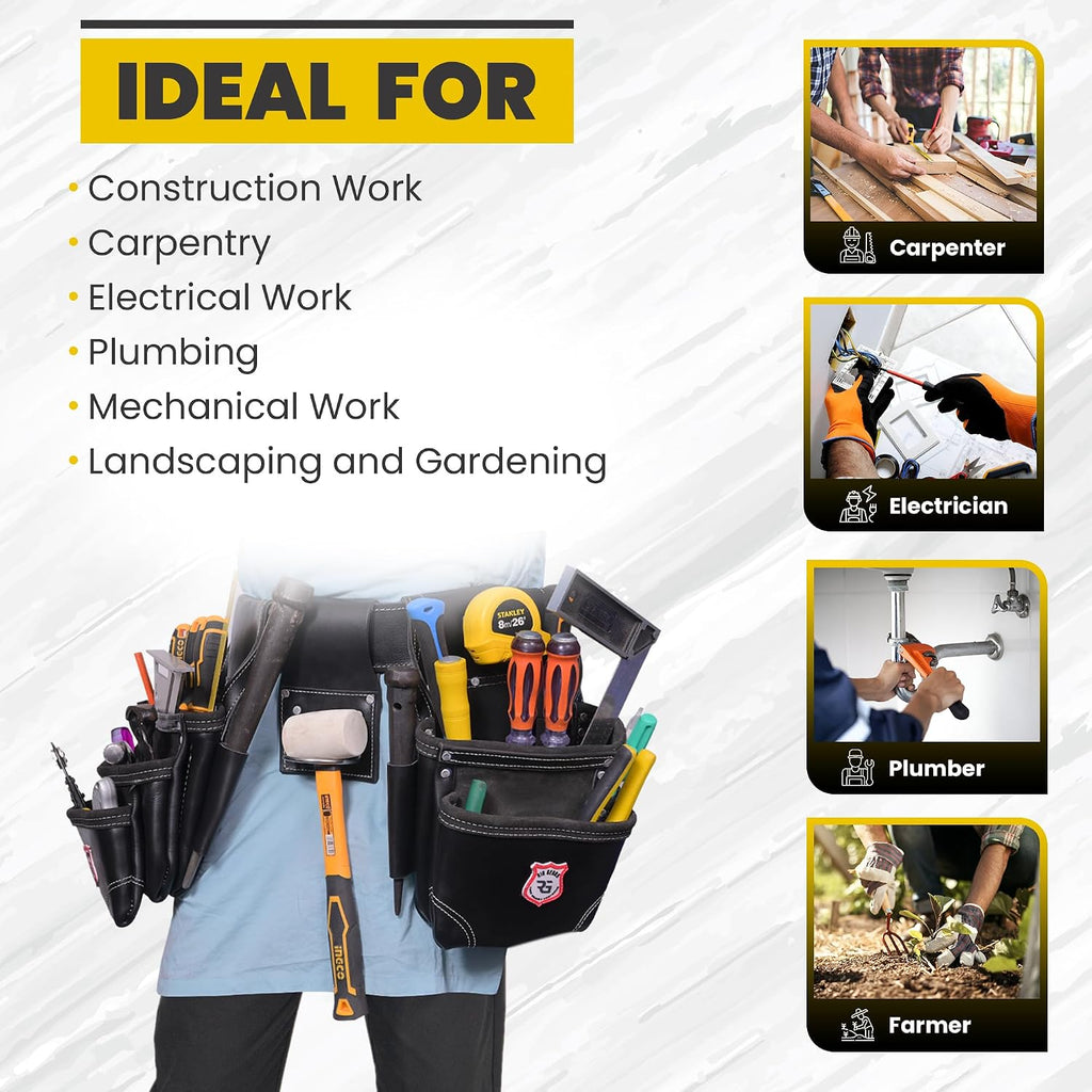Professional 11 Pockets Leather Tool Pouch Bags/Carpenter Tool Belt Set | Heavy-duty Drywall Pouch, Electrician Pouch, And Framing Tool Belt Pouches (Black, Standard)