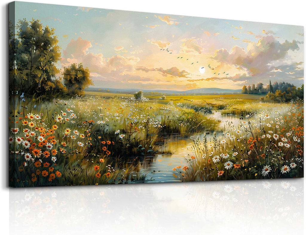 XIGUANGART Rustic Landscape Wall Art Canvas Prints Nature River Meadow flowers Wall Decor Sunset Pastoral Abstract Pictures Modern Artwork for Living Room Bedroom Kitchen Office Large Home Decorations