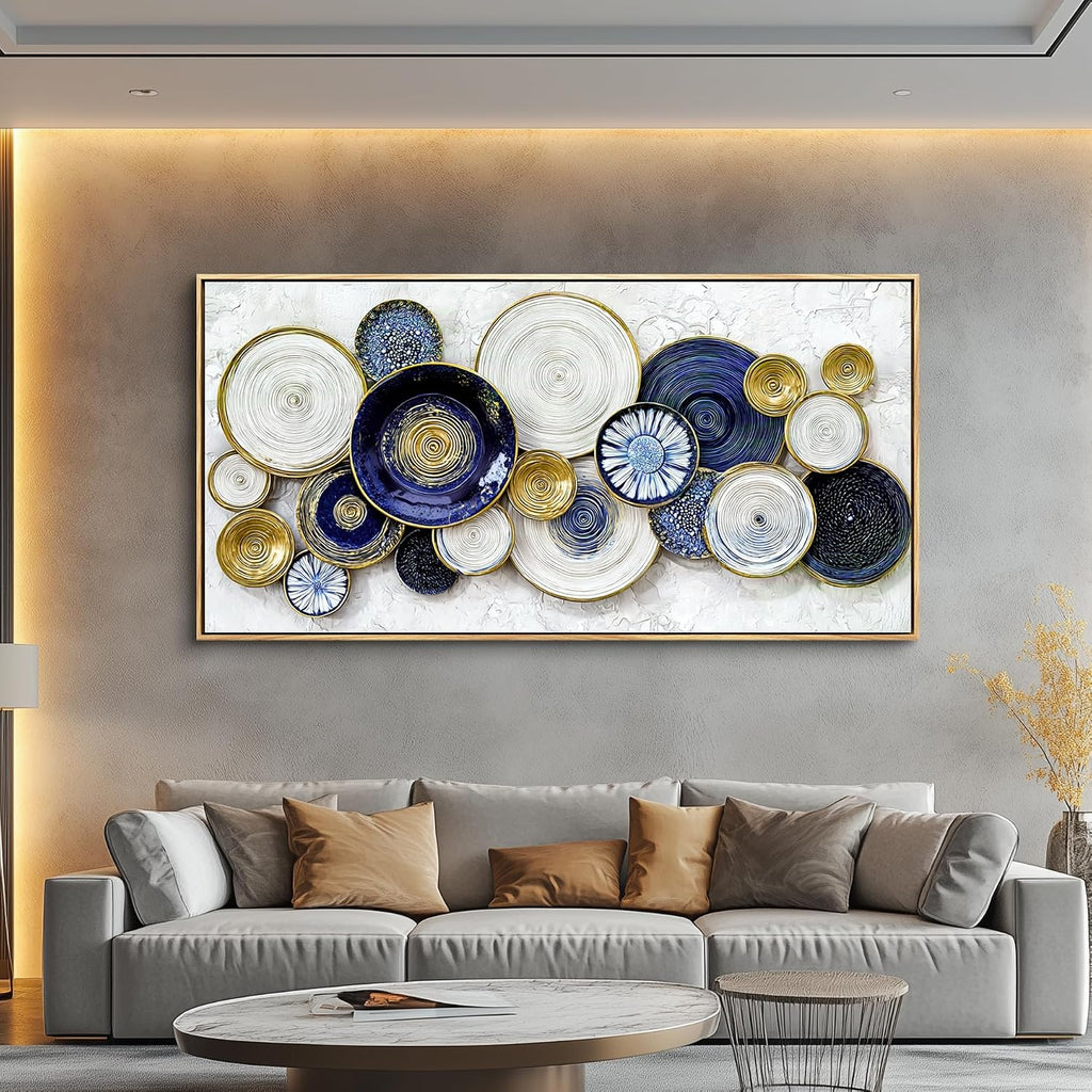 JUDASJART Large Wall Decor For Living Room Canvas Wall Art For Office Modern Wall Decorations For Bedroom Blue Swirl Gold Trim Landscape Painting Abstract Pictures Artwork Room Home Decor 24x48 In