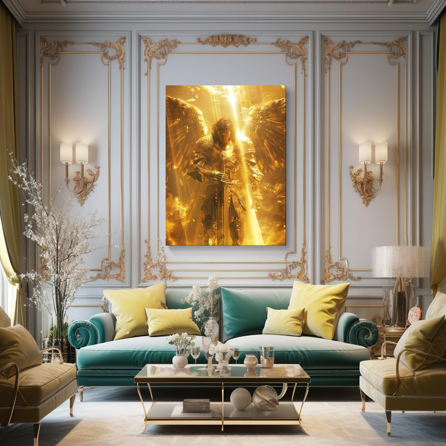 vandlife Bible Stories Canvas Wall Art Heavenly Guardian Archangel Michael Wearing Golden Armor Painting Framed Religious Tranquility Prints for Home Office Decor 36x48in