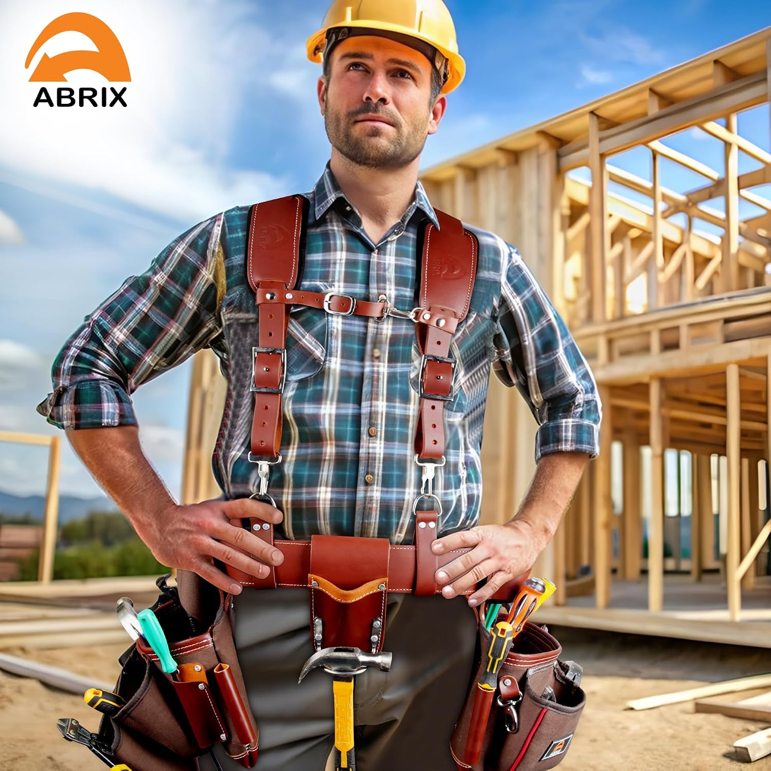 ABRIX Heavy Duty Tool Belt – 4MM Genuine Leather & Ballistic Nylon, Brass Buckle & Rivets, EVA Sheet Reinforced Lining, Foam Padded Comfort Framing Rig & Carpenter Tool Belt with Suspender | 28 Pocket