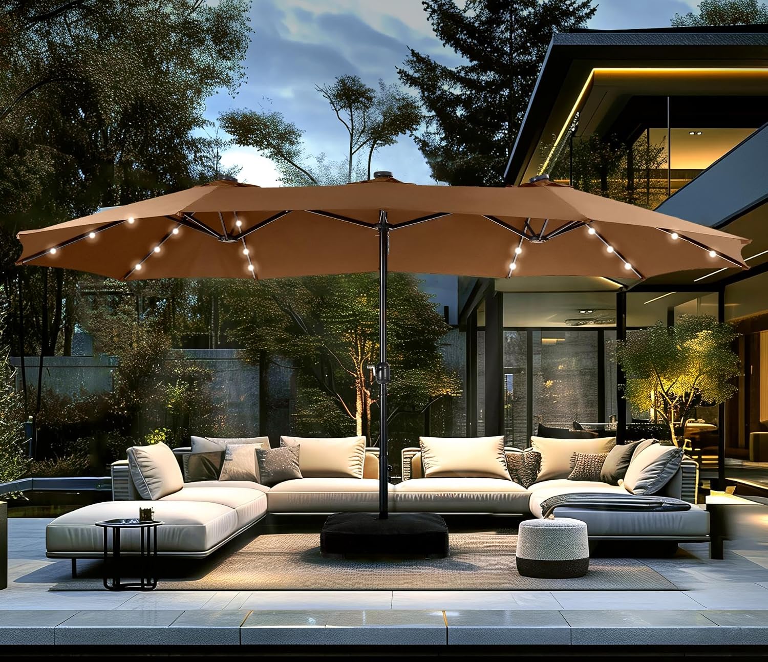 PHI VILLA 15ft Large Patio Umbrella with Solar Lights, Double-Sided Outdoor Market Rectangle Umbrellas with 36 LED Lights, Umbrella Base (Stand) Included, Tawny