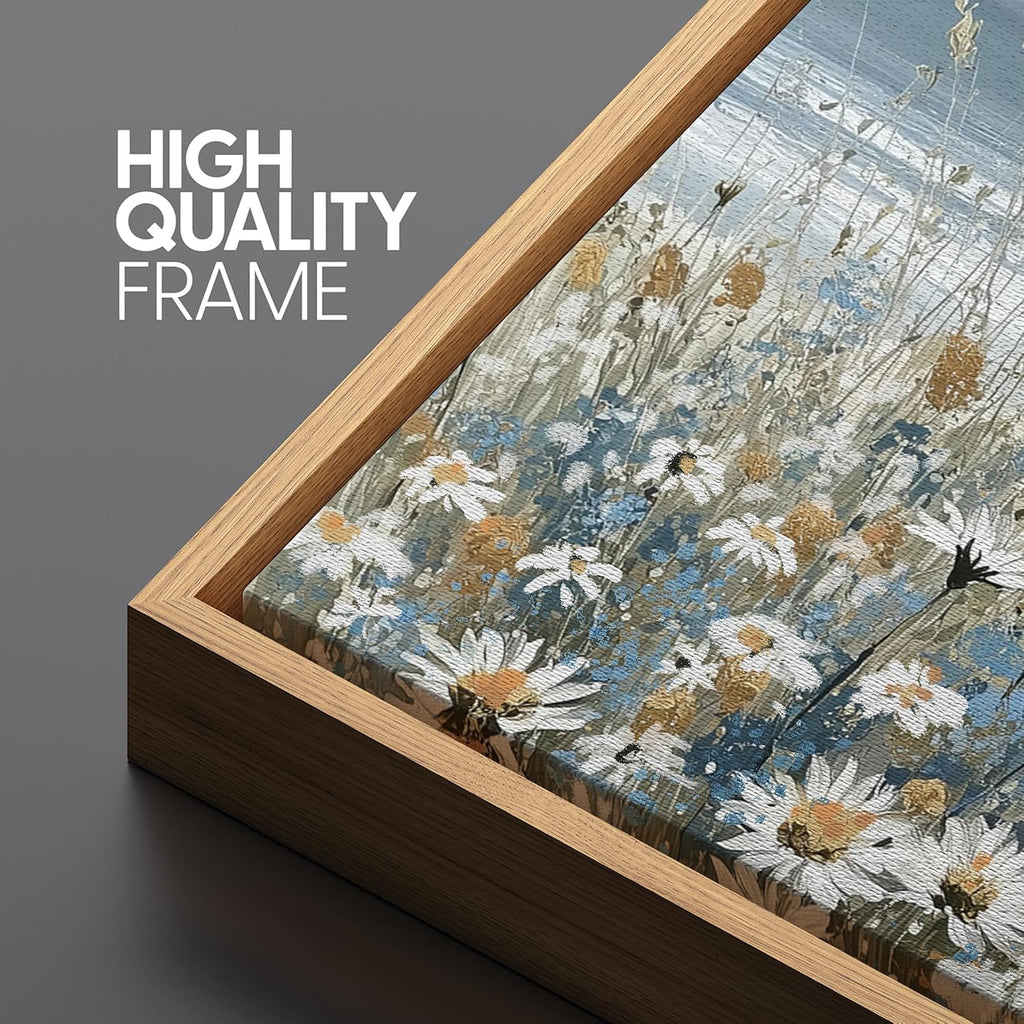 SIGNFORD Large Framed Canvas Print Wall Art Coastal Wildflowers Beach Meadow Landscape in Soft Blue and Beige Tones Illustrations Modern Art Relax/Calm Warm for Living Room, Bedroom, Office - 60'x20'