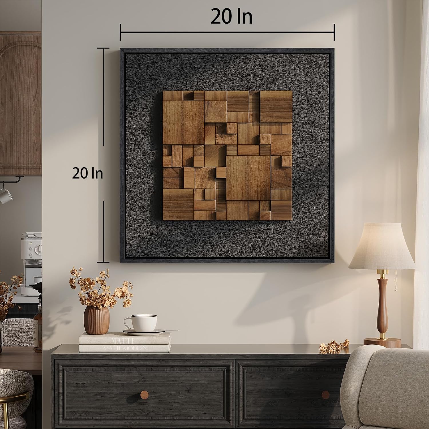 Framed 3D Textured Wood Abstract Wall Art Decor for Living Room, Modern Square Geometric Wooden Artwork for Walls, Minimalist Black Sandstone Wall Decor for Hallway, Kitchen, Bedroom, Office, 20x20