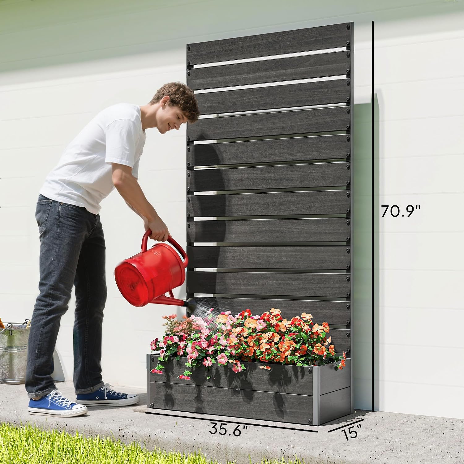 Outsunny Raised Garden Bed with Trellis for Climbing Plants, Planter Box with Self Draining Gap, Freestanding Trellis Planter for Outdoor, Patio, Deck, 35.75' x 15' x 70.75', Black