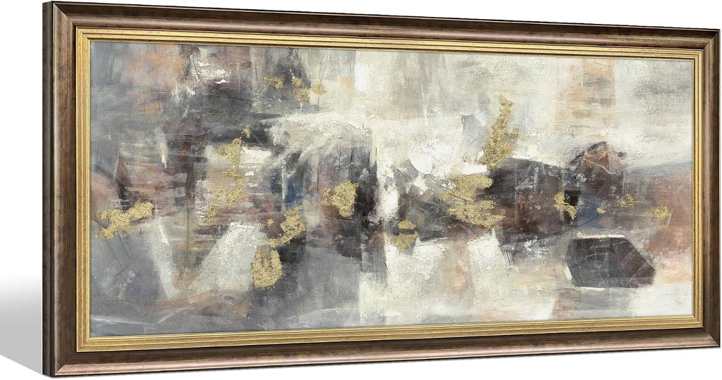 Framed Modern Art Wall Grey: Abstract Canvas Painting Heavy Texture Picture Gold Foils Artwork for Home Decor(30x60)