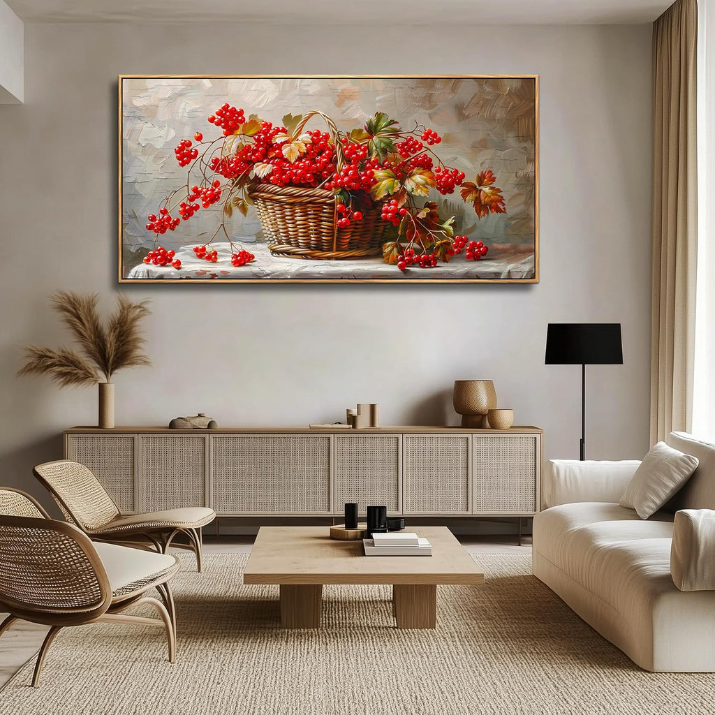 PHAOHUAXM Canvas Wall Art For Living Room Restaurant Wall Decoration For Office Bedroom Bathroom Abstract Red Fruit Mural Wooden Frame Printing Picture Artworks Modern Home Decor Aesthetics 24'X48'