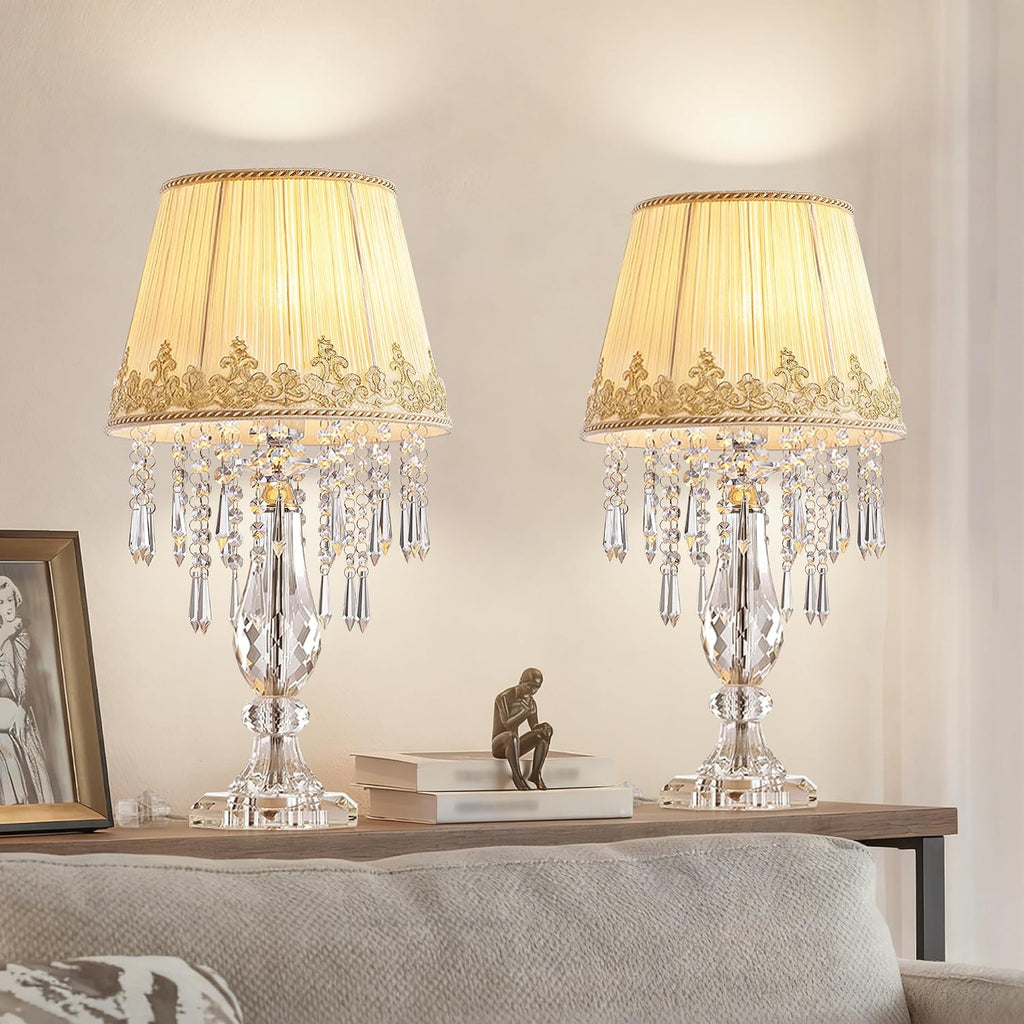 Crystal Table Lamp Set of 2, Bedside Lamps with Beige Chiffon Fabric Lampshade, Dimmable Plug-in Nightstand Reading Lamps with Raindrop Crystals for Bedroom, Living Room, W11.8'' X H21.7''