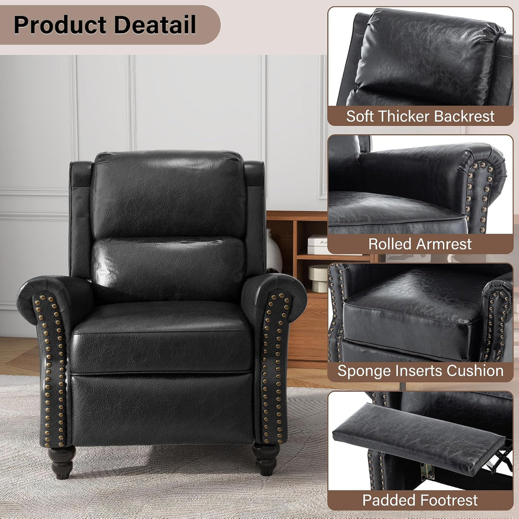 Pushback Recliner Chairs Set of 2, PU Leather Armchair Push Back Accent Chair, Rivet Trim Club Chair Home Theater Overstuffed Single Sofa Reading Seat for Living Room, Black