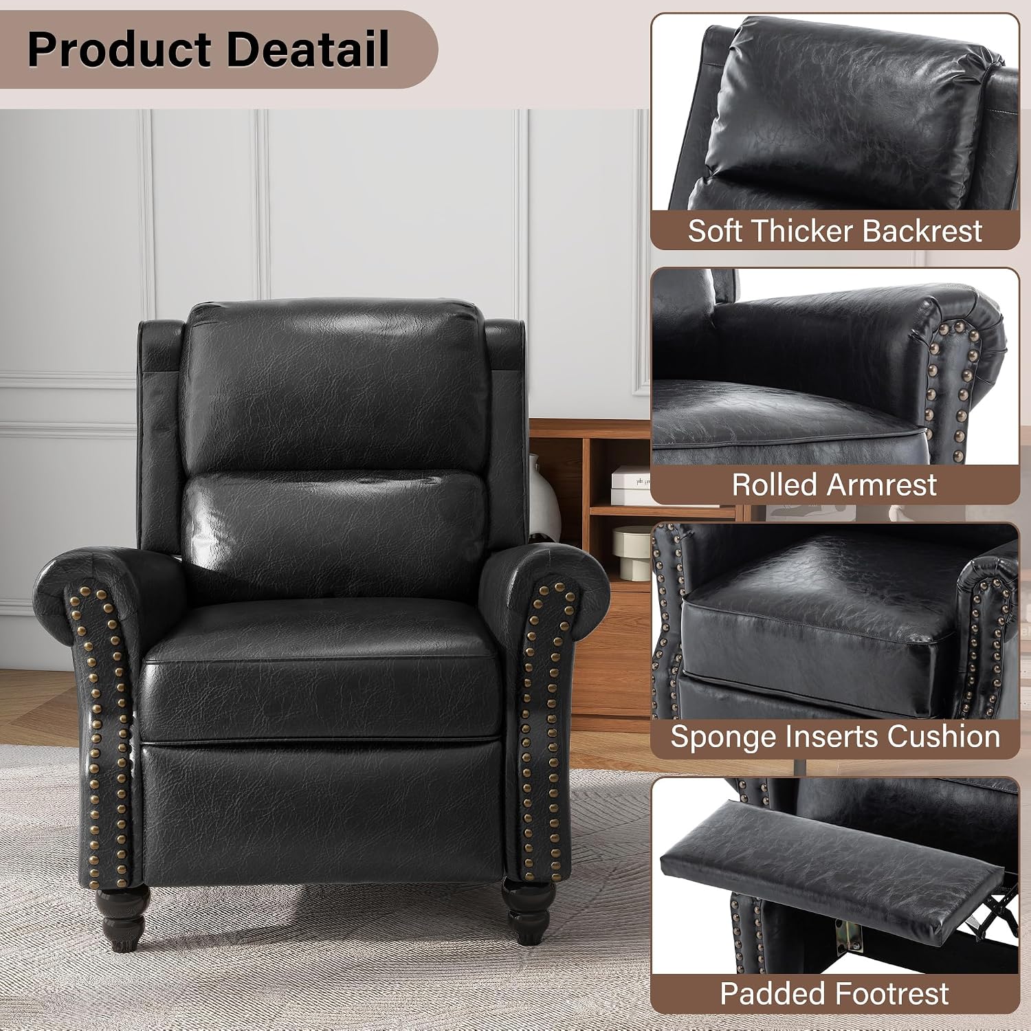 Pushback Recliner Chairs Set of 2, PU Leather Armchair Push Back Accent Chair, Rivet Trim Club Chair Home Theater Overstuffed Single Sofa Reading Seat for Living Room, Black
