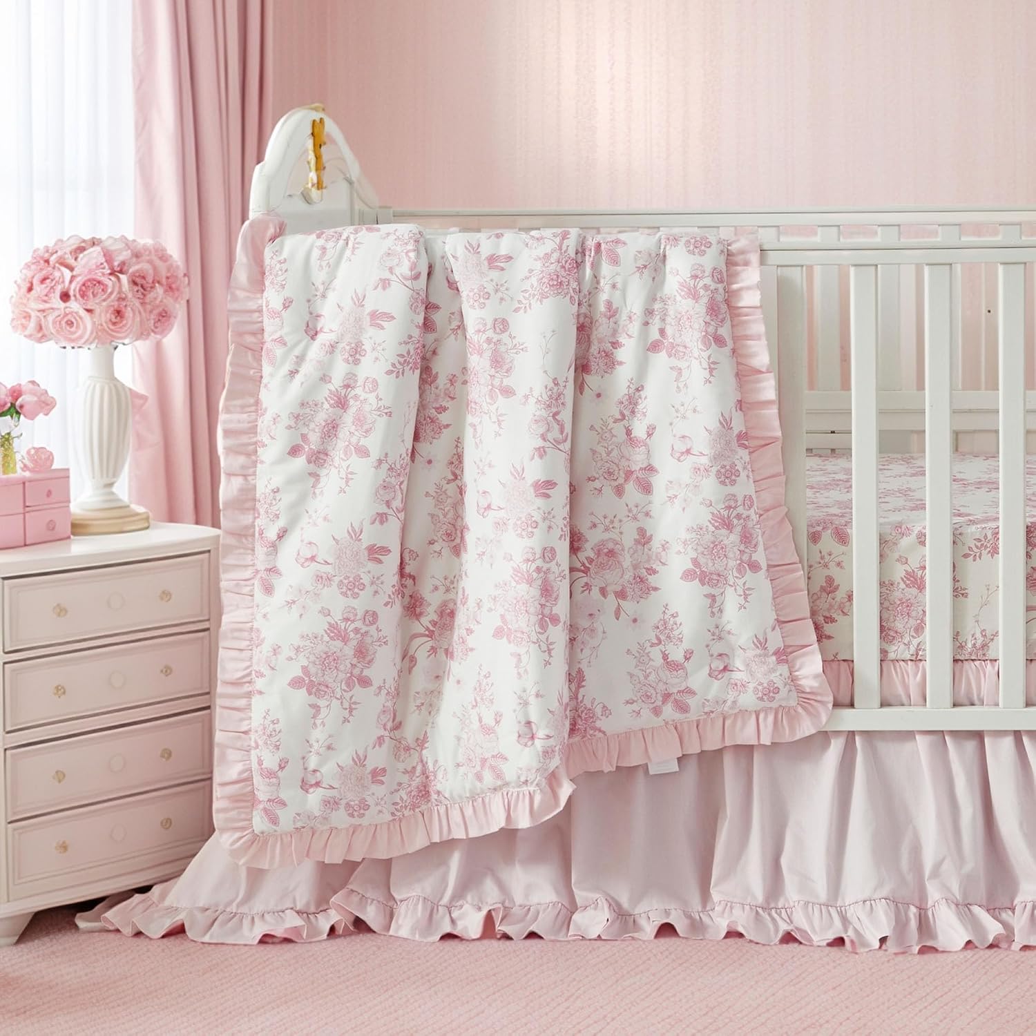 Brandream French Country Toile Crib Bedding Set for Girls Pink Grandmillennial Toile Vintage Floral Print 100% Cotton Baby Girl Nursery Bedding - Ruffles Quilt,Toile Crib Sheet,Crib Bed Skirt,3 Pieces
