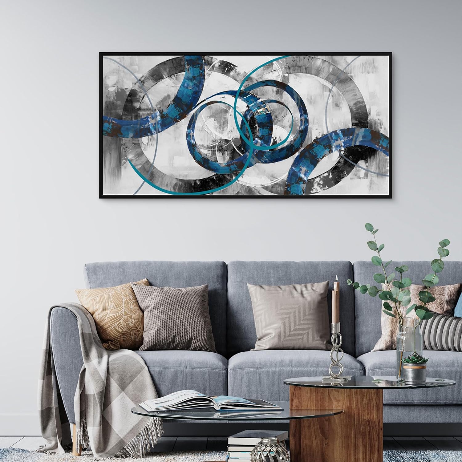 XLSJERST Wall Art for Living Room - Abstract Wall Decor Blue and Gray Canvas Picture Print Framed Artwork for Bedroom Office Home Decoration - 48x24 Inches