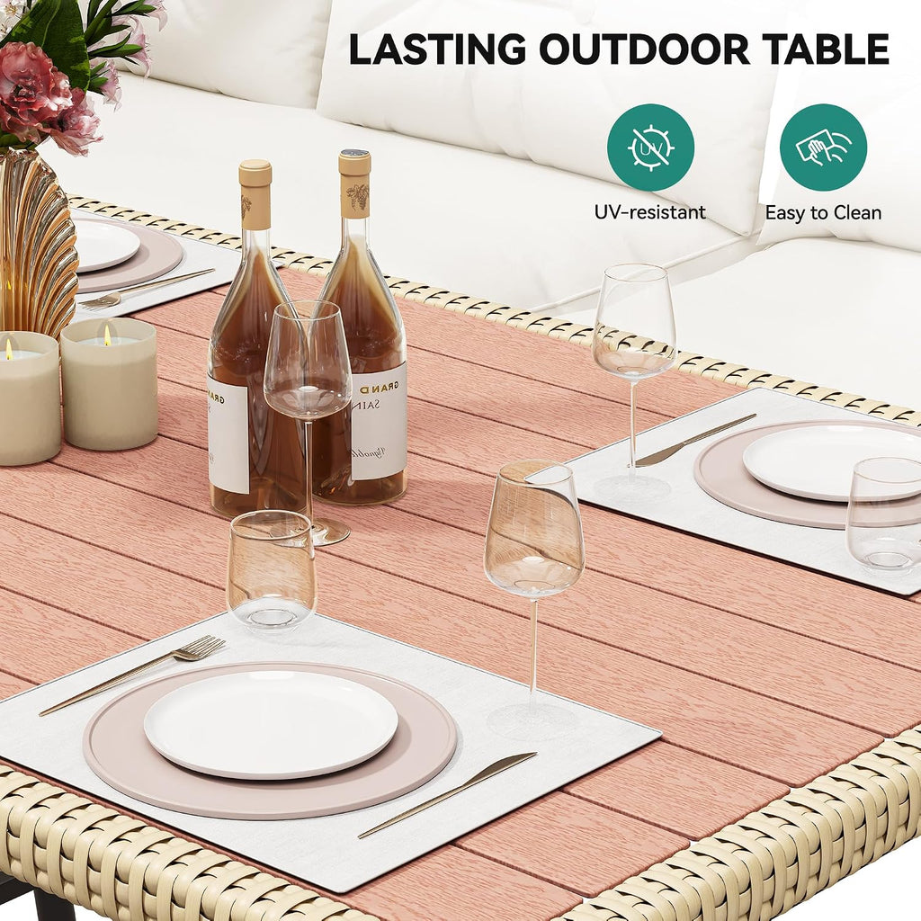 YITAHOME Patio Wicker L-Shaped Furniture Set, All-Weather Rattan Outdoor Conversation Sofa Set for Backyard Deck with Soft Cushions,Ottomans and Plastic Wood Dining Table (Light Brown+Beige)