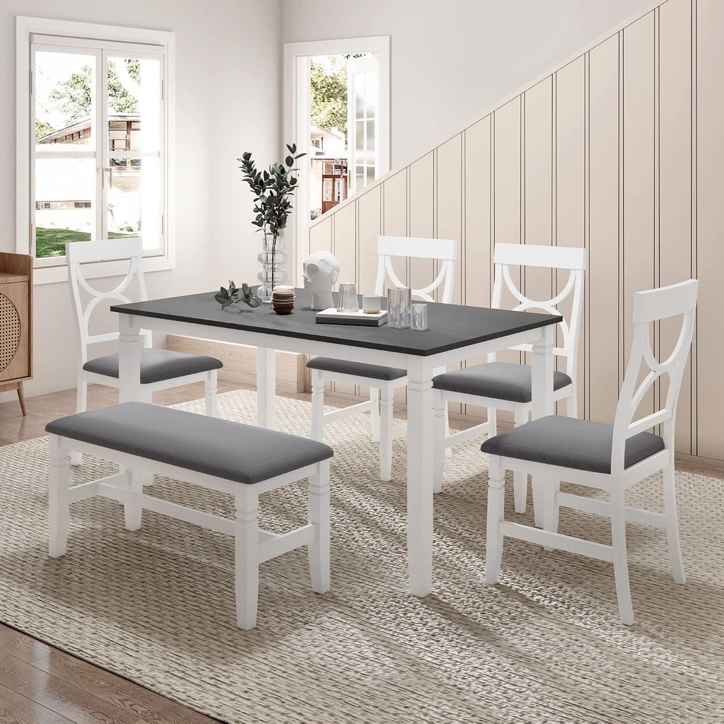Farmhouse 6-Piece Dining Table Set, Wood Kitchen Dining Room Table Set with Upholstered Bench and 4 Dining Chairs, 60'' Rectangle Dining Table with Decoration Legs, Perfect for Family (White-K)