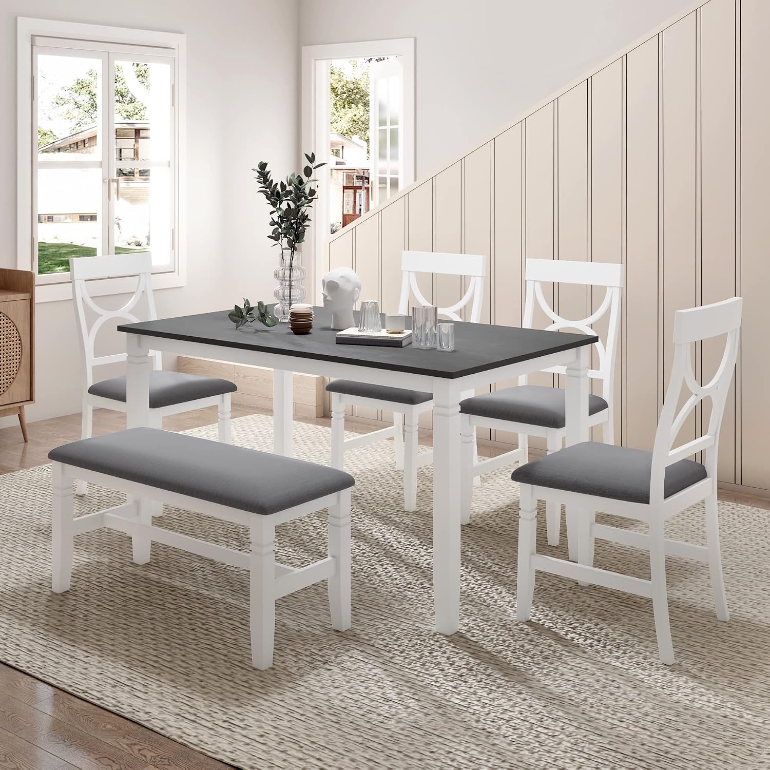 Farmhouse 6-Piece Dining Table Set, Wood Kitchen Dining Room Table Set with Upholstered Bench and 4 Dining Chairs, 60'' Rectangle Dining Table with Decoration Legs, Perfect for Family (White-K)