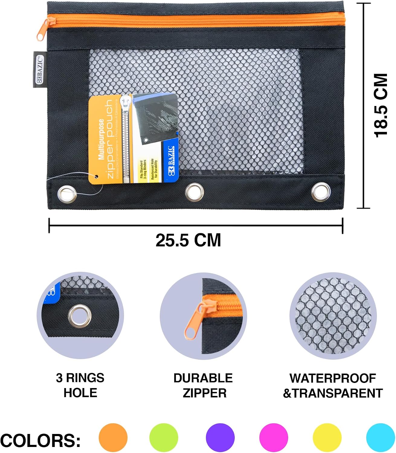 BAZIC Products Pencil Pouch 3 Ring Binder Pouch w/Rivet Enforced Rings Holes, Neon Black Color Mesh Window Zipper Pouches, 144-Pack