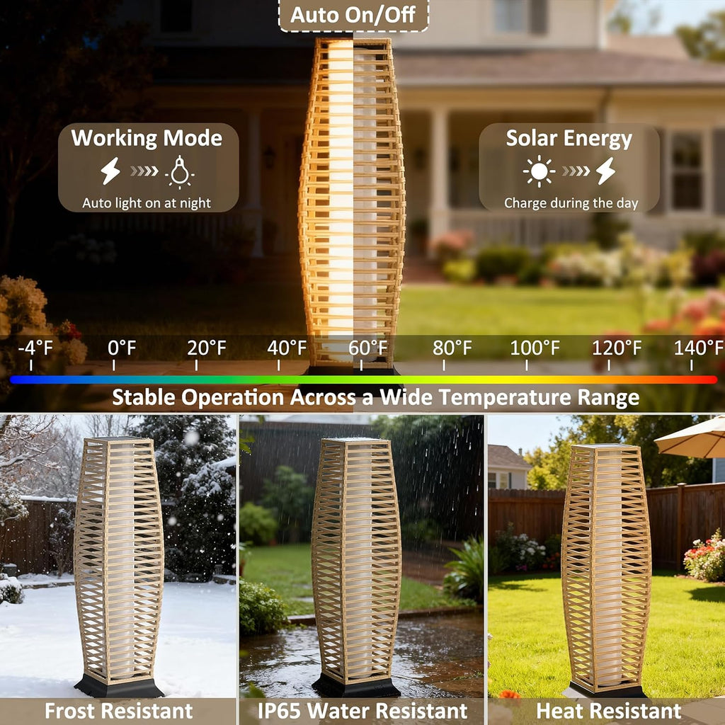 Rattan Outdoor Floor Lamp Set of 2, Boho Solar Porch Lights Outdoor Waterproof for Patio, Garden, Balcony & Deck, Natural (Horizontal)