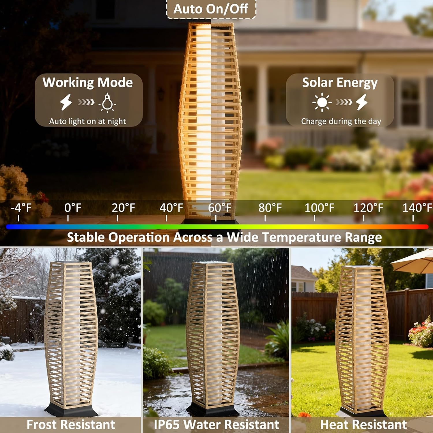 Rattan Outdoor Floor Lamp Set of 2, Boho Solar Porch Lights Outdoor Waterproof for Patio, Garden, Balcony & Deck, Natural (Horizontal)