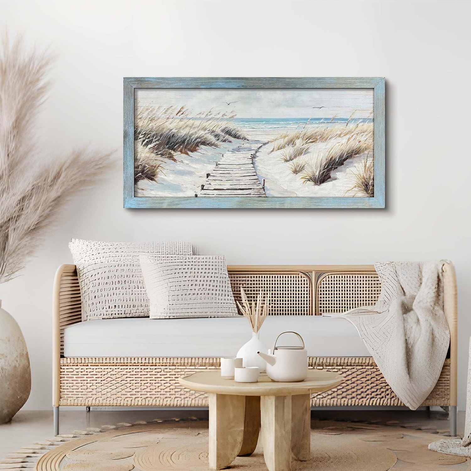 cozy country Coastal Wall Art Picture - Dynamic Beach Painting with Sand Dunes and Ocean Sky for Bathroom Living Room 48'x24'