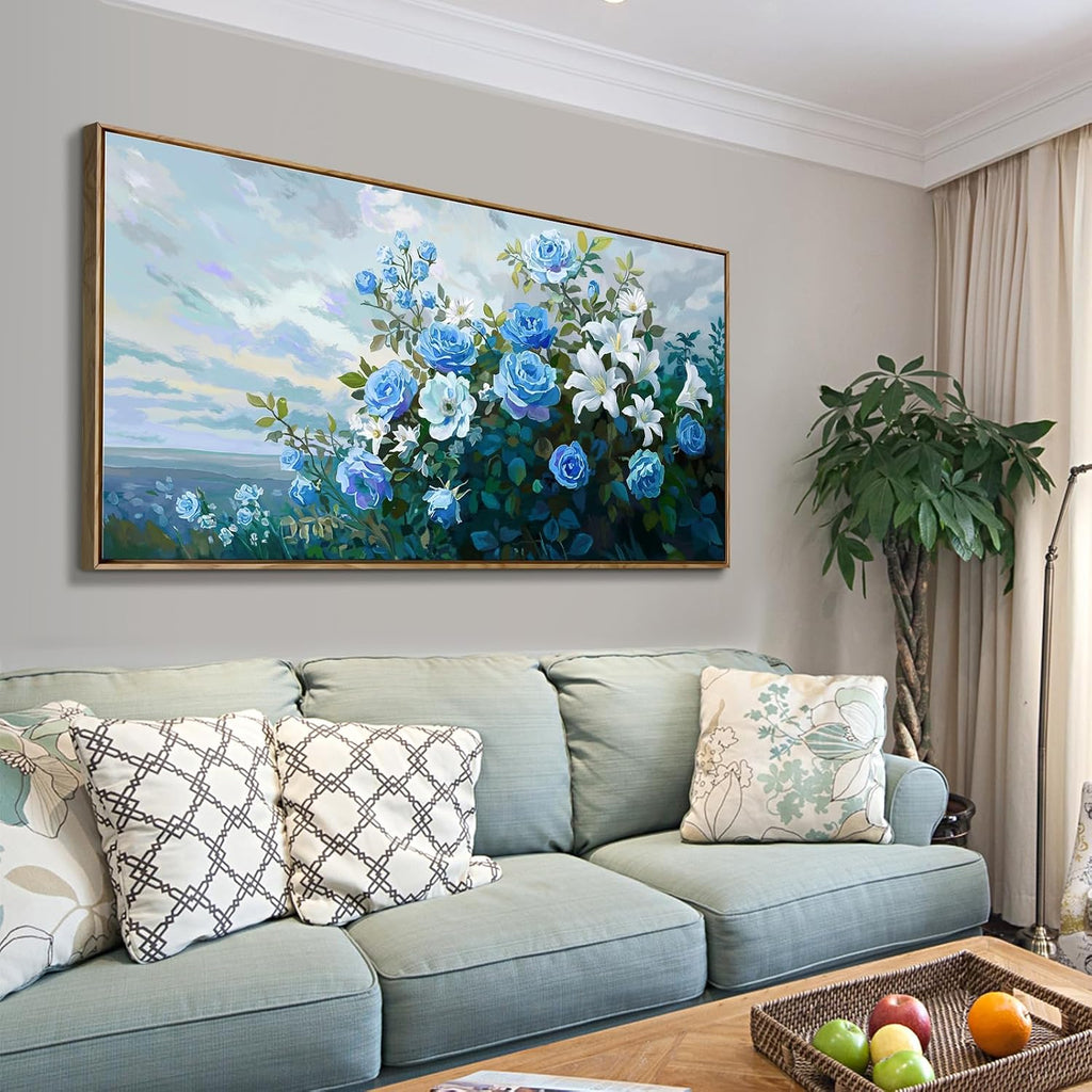 Framed Floral Wall Art for Bedroom Living Room – Blue and White Flowers Canvas Painting with Rustic Wood Frame – Botanical Artwork for Farmhouse & Cottage Décor 48x24 Inch